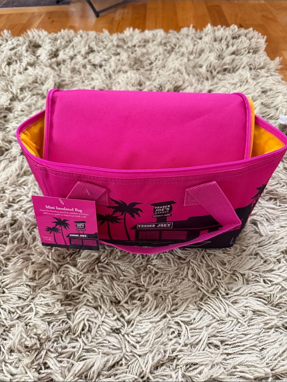 Trader Joe’s Bright Pink and Yellow Mini insulated lunch cooler.